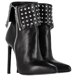 Saint Laurent-Saint Laurent Paris Fold Over Studded Booties in Black Leather-Black
