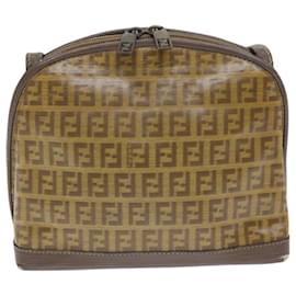 Fendi-FENDI Zucchino Canvas Shoulder Bag Enamel Brown Black gold Auth th5255-Brown,Black,Golden