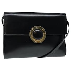 Céline-CELINE Shoulder Bag Leather Black Gold Auth 89545-Black,Golden