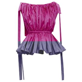 Alexander Mcqueen-Alexander Mcqueen 2021 Fuschia Pink Crinkled Bow Tie Shoulder Peplum Top It38 Xs-Pink