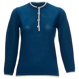 Hermès-Hermes Blue 100% Virgin Wool H Logo Buttons Knitted Polo Shirt Fr34 Xs-Blue