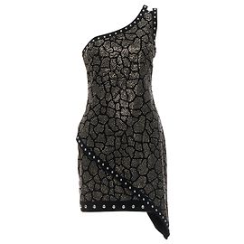 Robe en velours ornée de perles cloutées argentées Balmain Olivier Rousteing 2017 L Noir