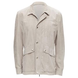 BRUNELLO CUCINELLI light grey genuine soft suede leather flap pocket jacket Grey