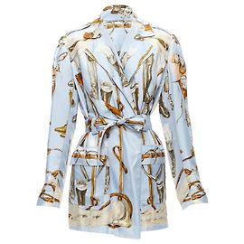 Hermès Hermes 100% Silk Light Blue Equestrian Boot Hat Print Belted Robe Jacket Fr40 L Blue