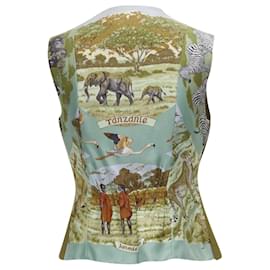 Hermès-Hermes Vintage Tan Brown Suede Eather Tanzanie Animal Silk Back Vest Fr40 M-Brown,Beige