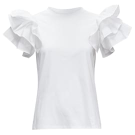 Alexander Mcqueen-Alexander Mcqueen White Cotton Ruffle Sleeve Crew Neck Tshirt Xs It38-White