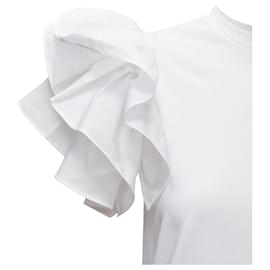 Alexander Mcqueen-Alexander Mcqueen White Cotton Ruffle Sleeve Crew Neck Tshirt Xs It38-White