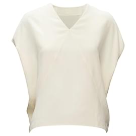 Hermès-HERMES 100% silk ivory batwing panelled V-neck H logo stitching boxy top -White,Cream