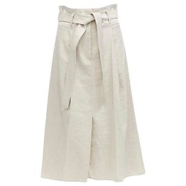 Gonna midi A-line in cotone e lino beige con cintura a cravatta Brunello Cucinelli It40 S Marrone Beige