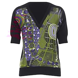 Hermès-HERMES PARIS signature silk print front black cashmere knit V-neck sweater -Black