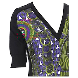 Hermès-HERMES PARIS signature silk print front black cashmere knit V-neck sweater -Black