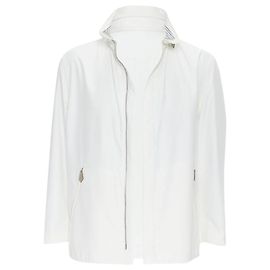 Hermès HERMES white outer leather zip pull striped cotton hooded anorak jacket  White