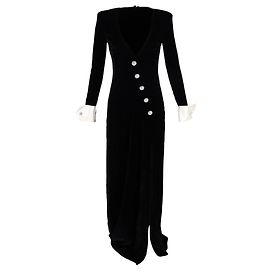 Maxi-Deep-V-Ausschnitt verziertes Kleid mit Schlitz aus schwarzem Samt von Alessandra Rich Schwarz