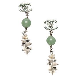 Silver Chanel CC Leaf Drop Earrings Silvery