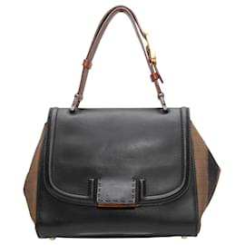 Fendi-Sac à main Fendi Pequin et cuir noir et marron-Noir