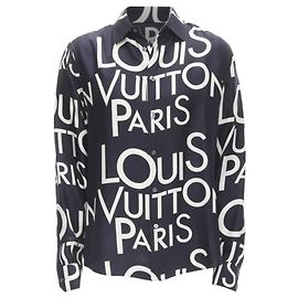 Camicia in seta 100% LOUIS VUITTON VIRGIL ABLOH con logo tipografico blu navy e bianco Blu Blu navy