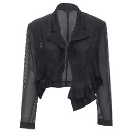Runway Comme Des Garcons 80'S Black Striped Sheer Ruffle Cropped Blazer Jacket S Black