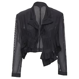 Comme Des Garcons-Runway Comme Des Garcons 80'S Black Striped Sheer Ruffle Cropped Blazer Jacket S-Black