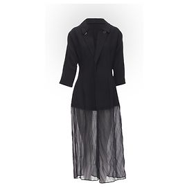 vintage COMME DES GARCONS 1992 black wool crinkled sheer hem coat Black