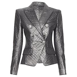 Balmain-new BALMAIN gunmetal silver quilted military double breasted blazer jacket -Silvery,Metallic