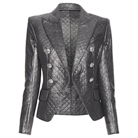 Balmain-new BALMAIN gunmetal silver quilted military double breasted blazer jacket -Silvery,Metallic