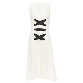 Balenciaga-new BALENCIAGA 2015 cream crepe decorative black lace midi dress -White,Cream