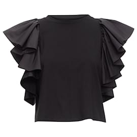 Alexander Mcqueen-Alexander Mcqueen Black Ruffle Cap Sleeve Bateau Crop Top-Black