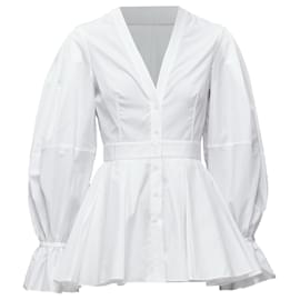 Alexander Mcqueen-Alexander Mcqueen White V-Neck Balloon Sleeve Peplum Dress Shirt-White