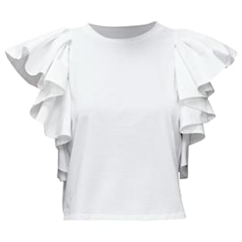 Alexander Mcqueen-Alexander Mcqueen White Ruffle Sleeve Crew Neck Crop Top-White