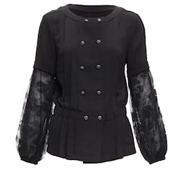 Chanel-Chanel 13P Silk Black Floral Lace Sleeves Pleated Jacket Blouse Fr36 S-Black