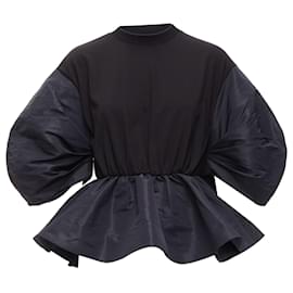 Alexander Mcqueen-Alexander Mcqueen Black Round Puff Sleeve Peplum Contrast Top-Black
