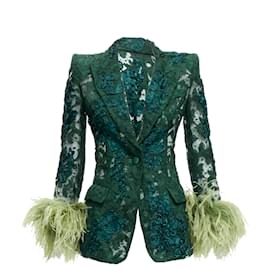 Gucci-Gucci Aria Green Feather Cuff Embellished Lace Sheer Blazer Jacket It36 Xxs-Green