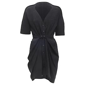 Balenciaga-Balenciaga 2009 Plunge Neckline Button Front Gathered Pleat Short Dress Fr36 S-Black