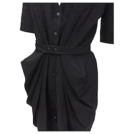 Balenciaga-Balenciaga 2009 Plunge Neckline Button Front Gathered Pleat Short Dress Fr36 S-Black