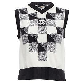 Chanel 100% Cashmere Black White Graphic Check Cc Logo Sweater Vest Fr36 S Black