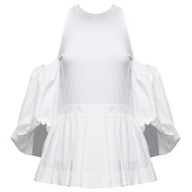 Alexander Mcqueen-Alexander McQueen white cold shoulder puff sleeve peplum t-shirt-White