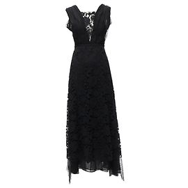Vestido preto com decote em renda ilusion plunging, cintura império e camadas de Adam Lippes Preto