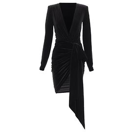 Vestido Mini Drapé com Decote em V e Laço de Veludo Preto Alexandre Vauthier Preto