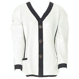 Runway Chanel Ss91 White Sequin Black Grosgrain Trim Scuba Zipper Jacket Fr44 White
