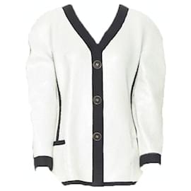 Chanel-Runway Chanel Ss91 White Sequin Black Grosgrain Trim Scuba Zipper Jacket Fr44-White