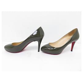 Christian Louboutin-CHAUSSURES CHRISTIAN LOUBOUTIN SIMPLE PUMP 85 EN CUIR VERNIS KAKI 37 SHOES-Kaki