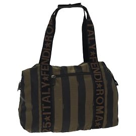 FENDI Pecan Canvas Tote Bag Nylon Khaki Black Auth th5267 Black Khaki