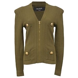 Balmain Zip-Cardigan aus olivgrüner Wolle Grün Olivgrün