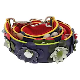 Fendi-FENDI Flower Shoulder Strap Leather 31.9"" Blue Silver Auth 90205-Silvery,Blue