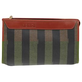 Fendi-FENDI Pecan Canvas Clutch Bag Black Brown gold Auth ep5609-Brown,Black,Golden