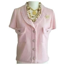 Chanel-Chanel 2008 Runway Coco Line Pink Wool Boucle Short Sleeve Top Blouse Jacket FR 36-Pink