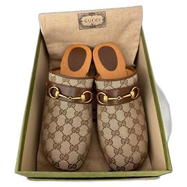 Gucci Monogramm Pferdebit Clogs Braun Beige Gold hardware Monogramm