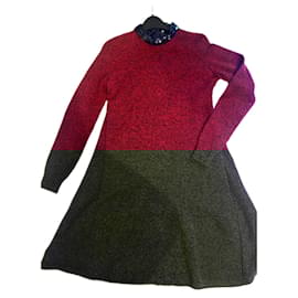 Dior-Cashmere dress with navy rhinestone collar-Dark red