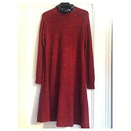 Dior-Cashmere dress with navy rhinestone collar-Dark red