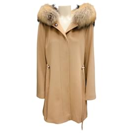 Autre Marque-Fleurette Camel Raccoon Fur Trimmed Hooded Wool Coat-Camel